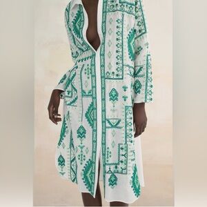 NWT Zara White Green Embroidered Tunic Shirt Dress Boho Large